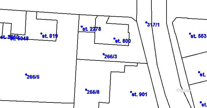 Parcela st. 266/3 v KÚ Rokycany, Katastrální mapa