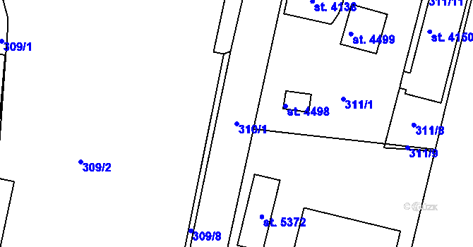 Parcela st. 310/1 v KÚ Rokycany, Katastrální mapa