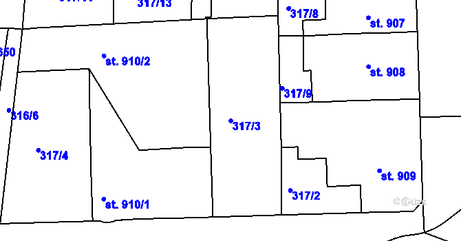 Parcela st. 317/3 v KÚ Rokycany, Katastrální mapa