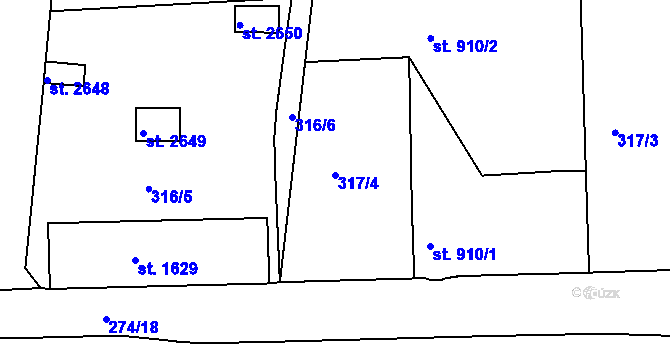 Parcela st. 317/4 v KÚ Rokycany, Katastrální mapa