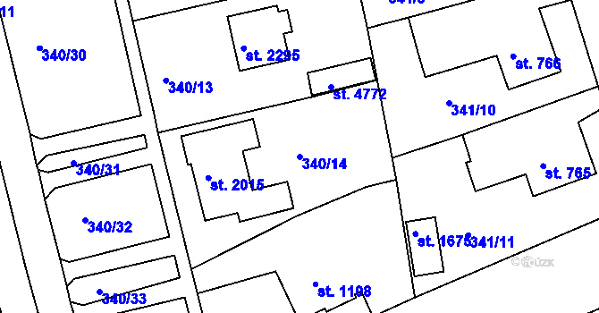 Parcela st. 340/14 v KÚ Rokycany, Katastrální mapa