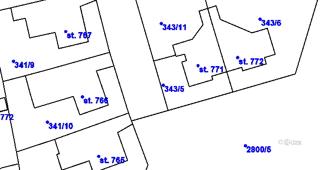 Parcela st. 343/5 v KÚ Rokycany, Katastrální mapa