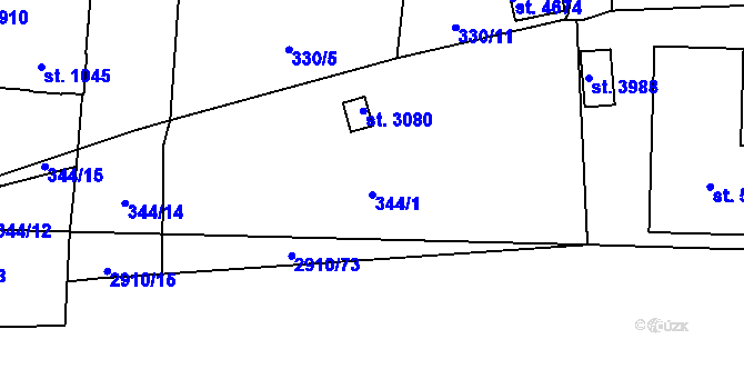 Parcela st. 344/1 v KÚ Rokycany, Katastrální mapa