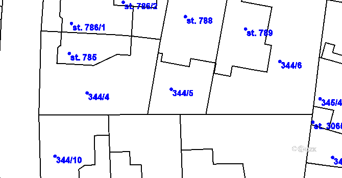 Parcela st. 344/5 v KÚ Rokycany, Katastrální mapa