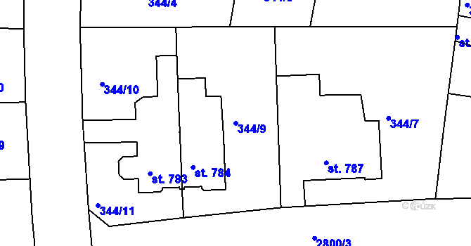 Parcela st. 344/9 v KÚ Rokycany, Katastrální mapa