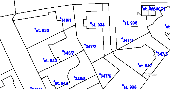 Parcela st. 347/2 v KÚ Rokycany, Katastrální mapa