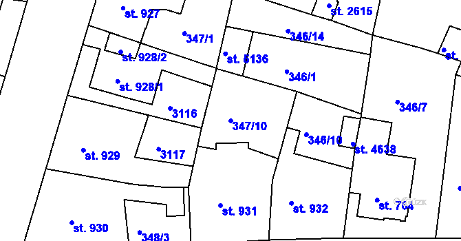 Parcela st. 347/10 v KÚ Rokycany, Katastrální mapa
