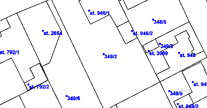 Parcela st. 349/2 v KÚ Rokycany, Katastrální mapa