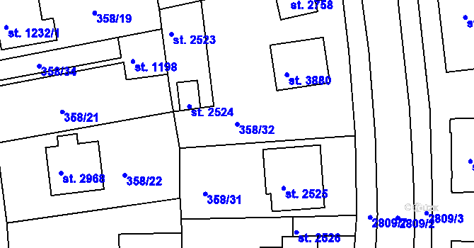 Parcela st. 358/32 v KÚ Rokycany, Katastrální mapa