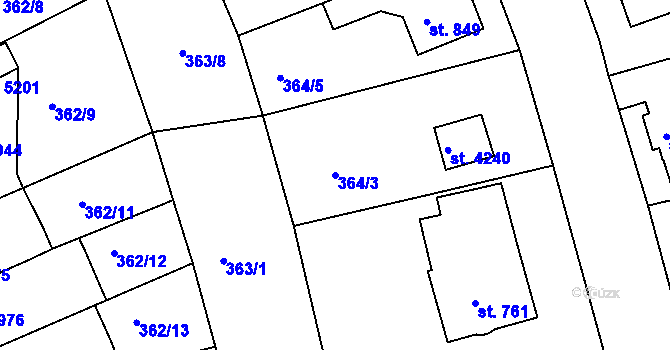 Parcela st. 364/3 v KÚ Rokycany, Katastrální mapa