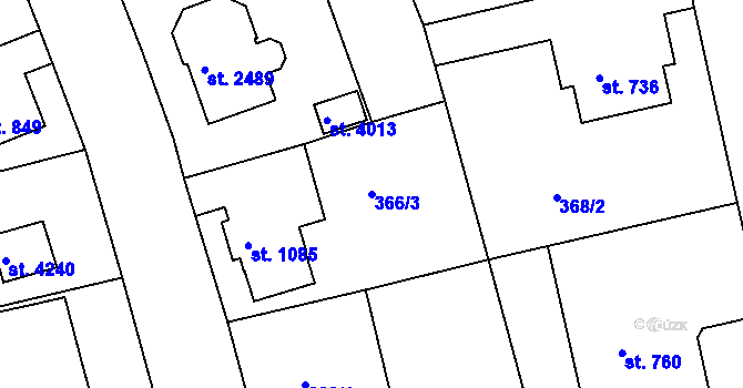 Parcela st. 366/3 v KÚ Rokycany, Katastrální mapa