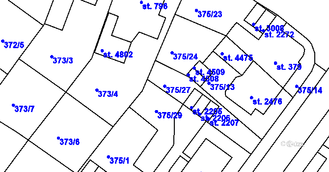 Parcela st. 375/27 v KÚ Rokycany, Katastrální mapa