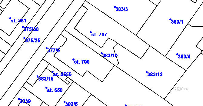 Parcela st. 383/10 v KÚ Rokycany, Katastrální mapa