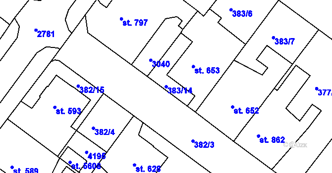 Parcela st. 383/14 v KÚ Rokycany, Katastrální mapa