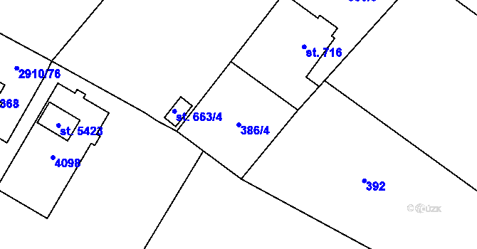 Parcela st. 386/4 v KÚ Rokycany, Katastrální mapa