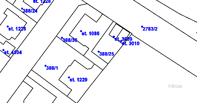 Parcela st. 388/25 v KÚ Rokycany, Katastrální mapa