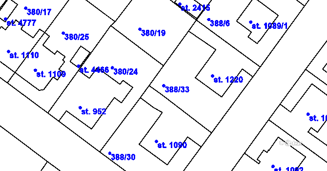 Parcela st. 388/33 v KÚ Rokycany, Katastrální mapa