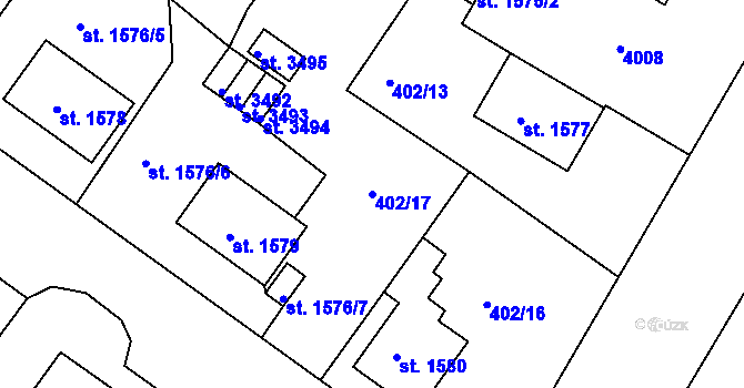 Parcela st. 402/17 v KÚ Rokycany, Katastrální mapa