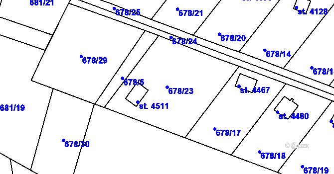 Parcela st. 678/23 v KÚ Rokycany, Katastrální mapa