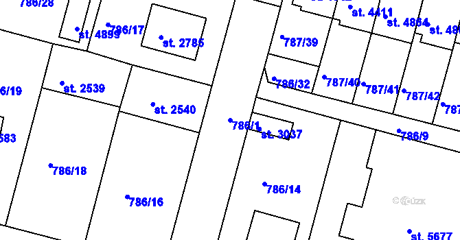 Parcela st. 786/1 v KÚ Rokycany, Katastrální mapa