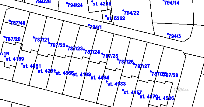 Parcela st. 787/25 v KÚ Rokycany, Katastrální mapa
