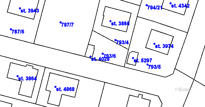 Parcela st. 793/6 v KÚ Rokycany, Katastrální mapa