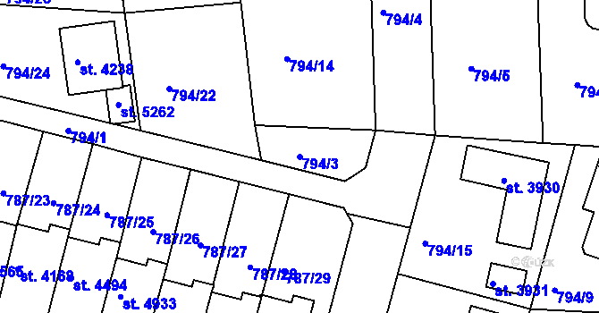 Parcela st. 794/3 v KÚ Rokycany, Katastrální mapa