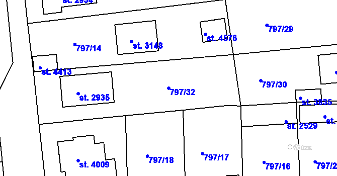 Parcela st. 797/32 v KÚ Rokycany, Katastrální mapa