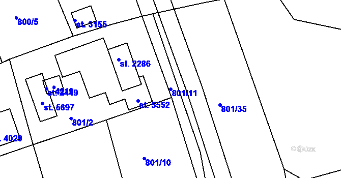 Parcela st. 801/11 v KÚ Rokycany, Katastrální mapa