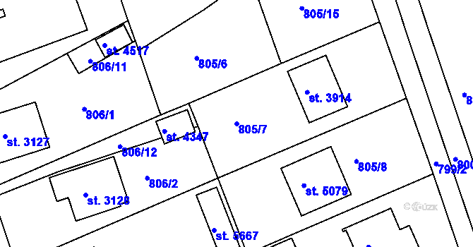 Parcela st. 805/7 v KÚ Rokycany, Katastrální mapa