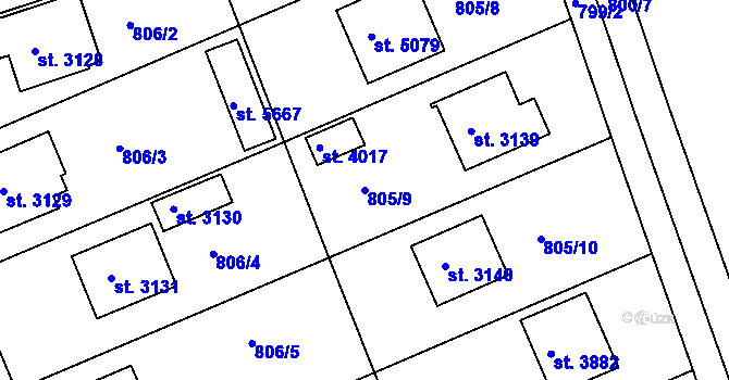 Parcela st. 805/9 v KÚ Rokycany, Katastrální mapa