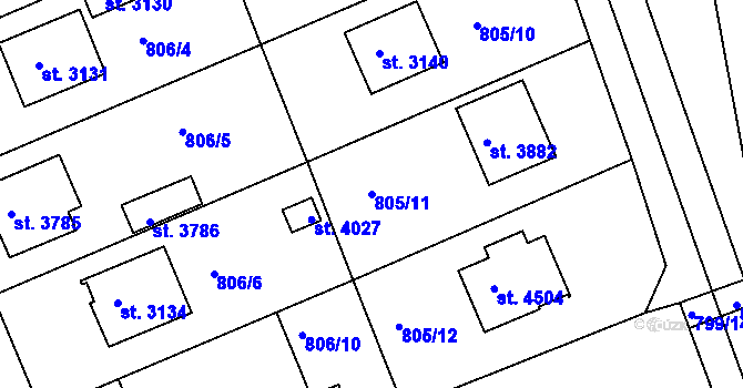 Parcela st. 805/11 v KÚ Rokycany, Katastrální mapa