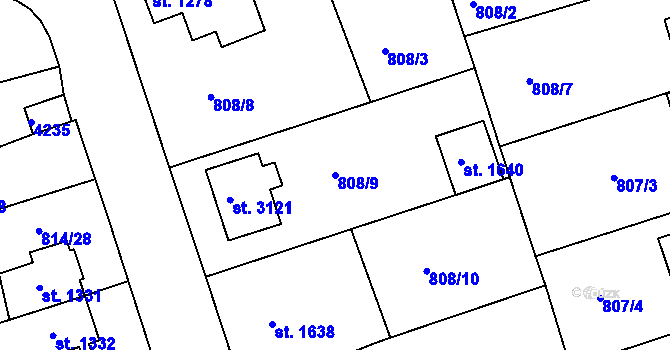 Parcela st. 808/9 v KÚ Rokycany, Katastrální mapa