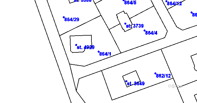 Parcela st. 864/1 v KÚ Rokycany, Katastrální mapa