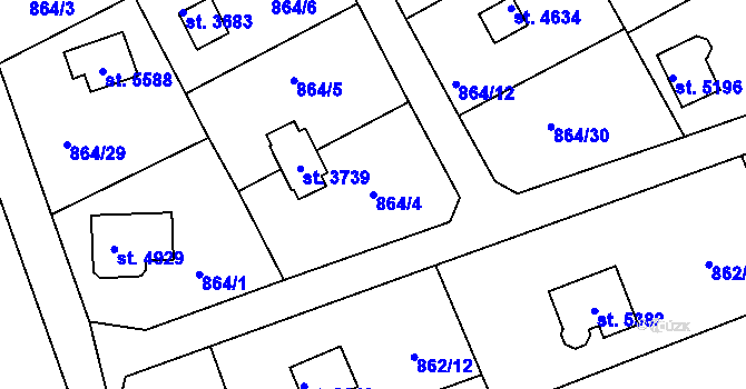 Parcela st. 864/4 v KÚ Rokycany, Katastrální mapa