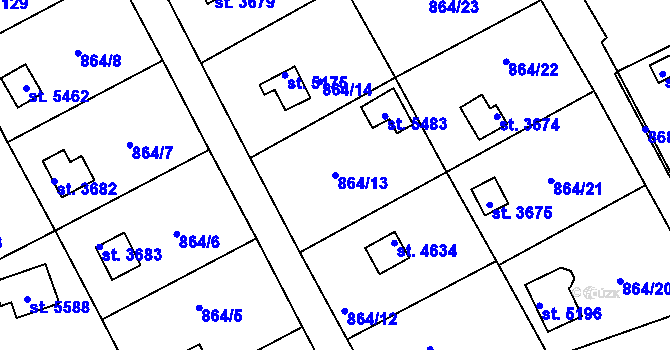 Parcela st. 864/13 v KÚ Rokycany, Katastrální mapa