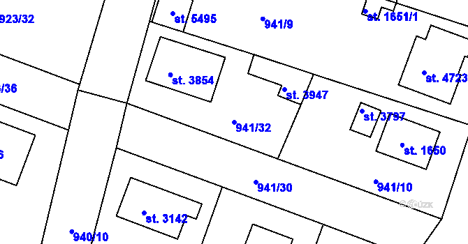 Parcela st. 941/32 v KÚ Rokycany, Katastrální mapa