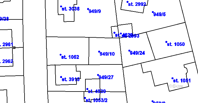 Parcela st. 949/10 v KÚ Rokycany, Katastrální mapa