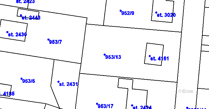 Parcela st. 953/13 v KÚ Rokycany, Katastrální mapa
