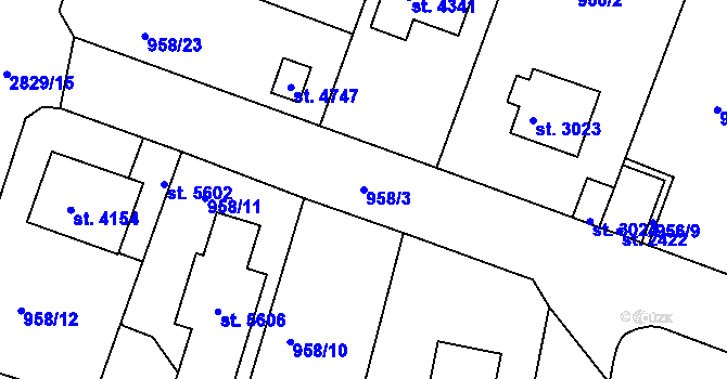 Parcela st. 958/3 v KÚ Rokycany, Katastrální mapa