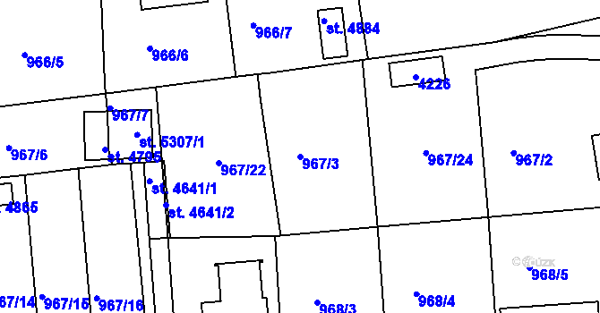 Parcela st. 967/3 v KÚ Rokycany, Katastrální mapa