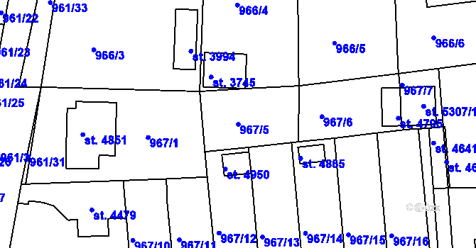 Parcela st. 967/5 v KÚ Rokycany, Katastrální mapa