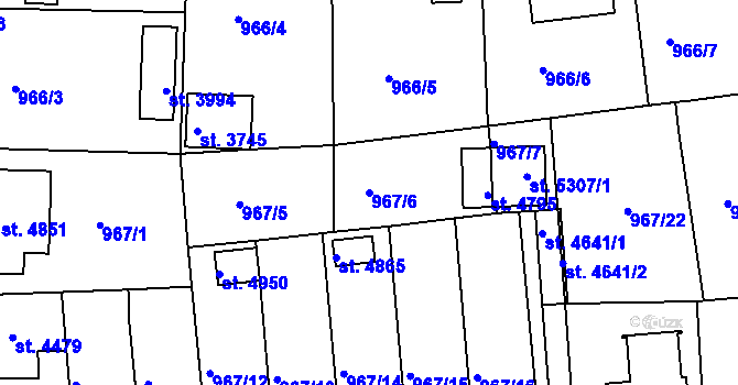 Parcela st. 967/6 v KÚ Rokycany, Katastrální mapa