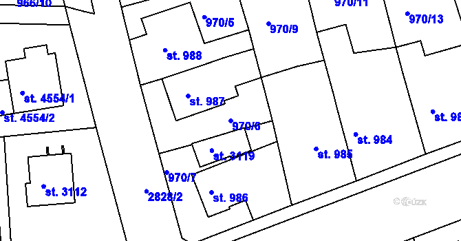 Parcela st. 970/6 v KÚ Rokycany, Katastrální mapa