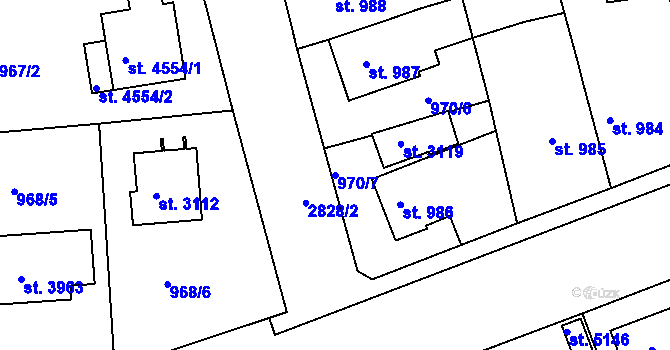 Parcela st. 970/7 v KÚ Rokycany, Katastrální mapa