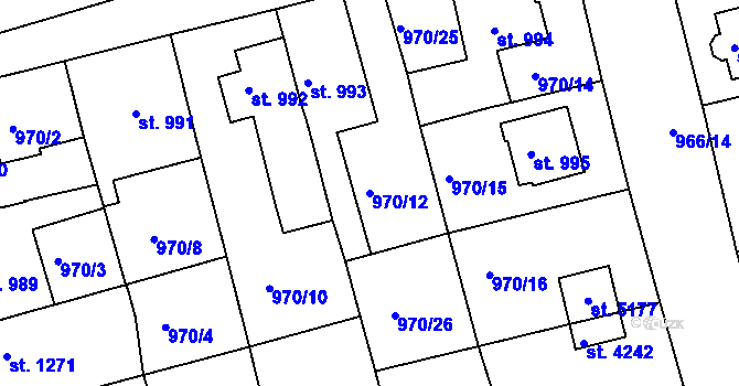 Parcela st. 970/12 v KÚ Rokycany, Katastrální mapa