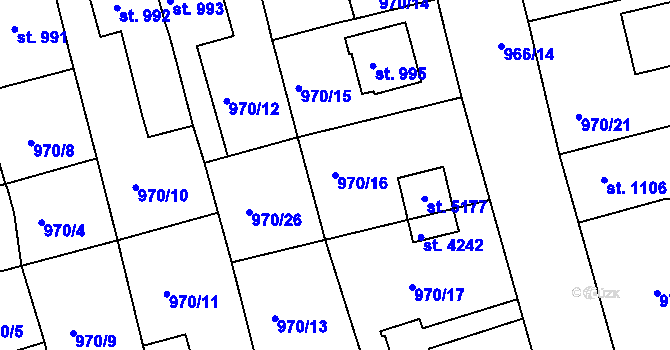 Parcela st. 970/16 v KÚ Rokycany, Katastrální mapa