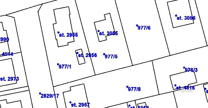 Parcela st. 977/5 v KÚ Rokycany, Katastrální mapa