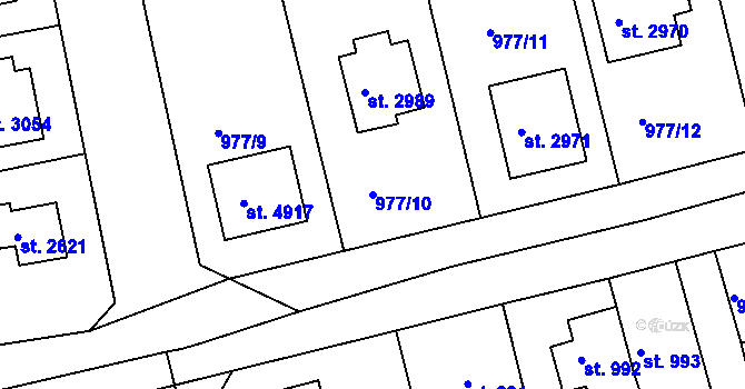 Parcela st. 977/10 v KÚ Rokycany, Katastrální mapa