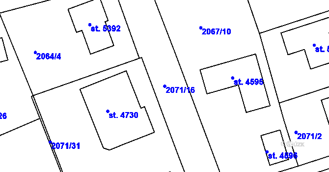 Parcela st. 2071/16 v KÚ Rokycany, Katastrální mapa
